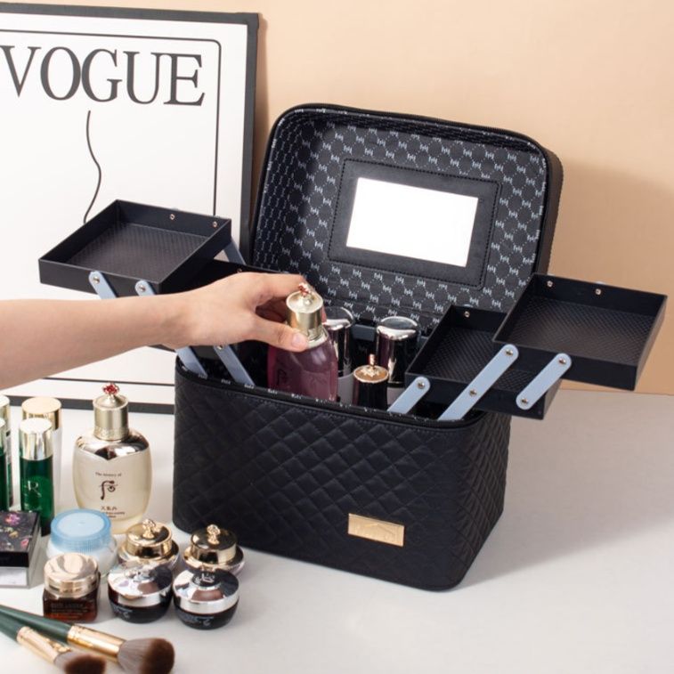 メイクボックス 黒色 四段式キルティング大容量収納化粧品ケース鏡付き