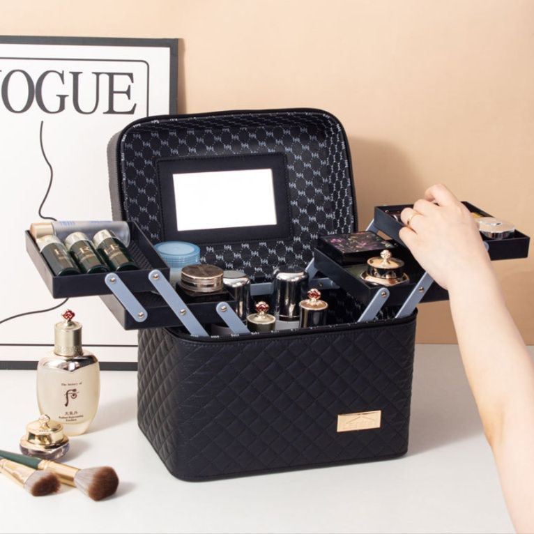 メイクボックス 黒色 四段式キルティング大容量収納化粧品ケース鏡付き