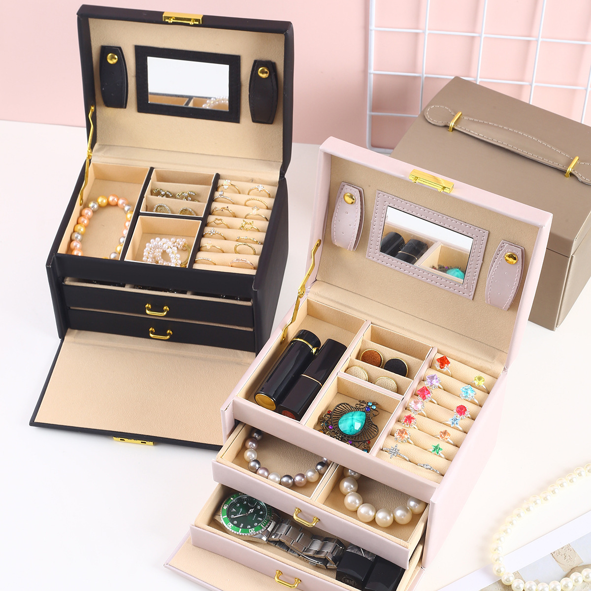 メイクボックス白 取っ手付き三段引き出し式携帯用化粧収納箱