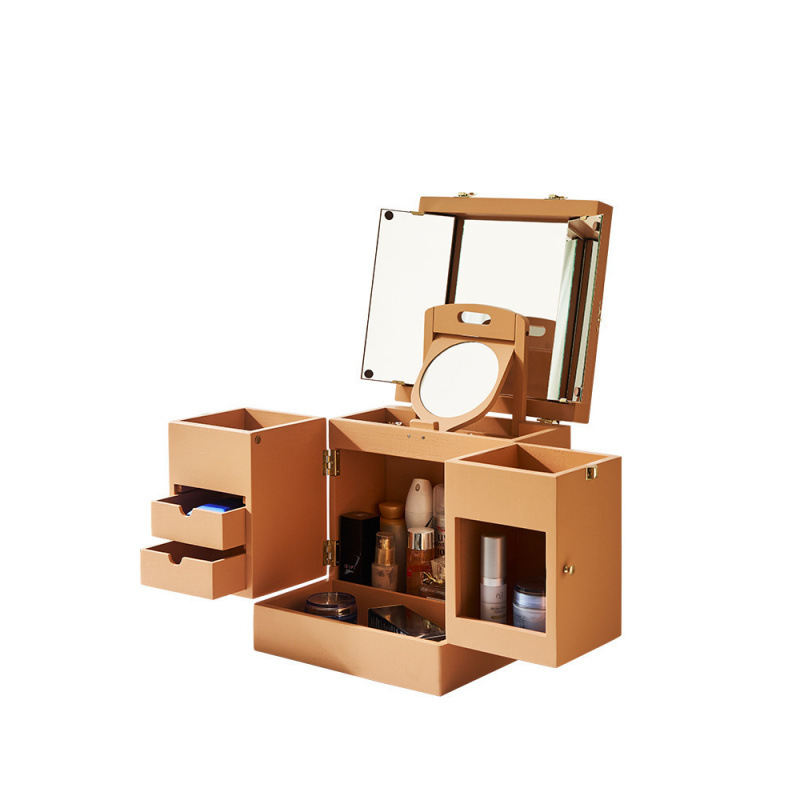 メイクボックス 三面鏡付き多段引出し木製化粧品収納箱