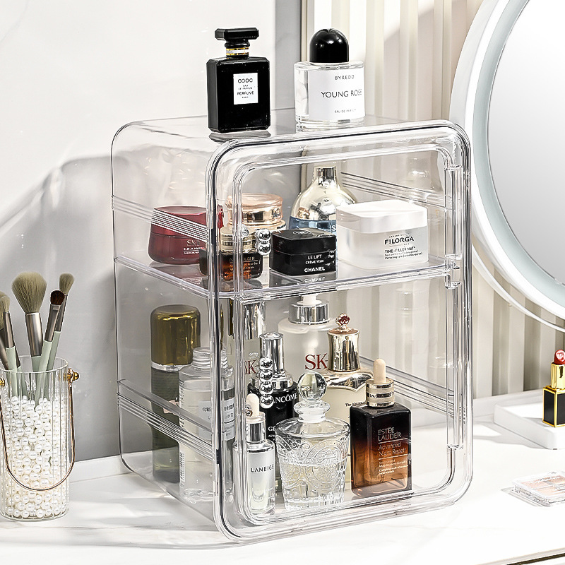 メイクボックス 三段式透明化粧品収納ボックス防塵扉付き