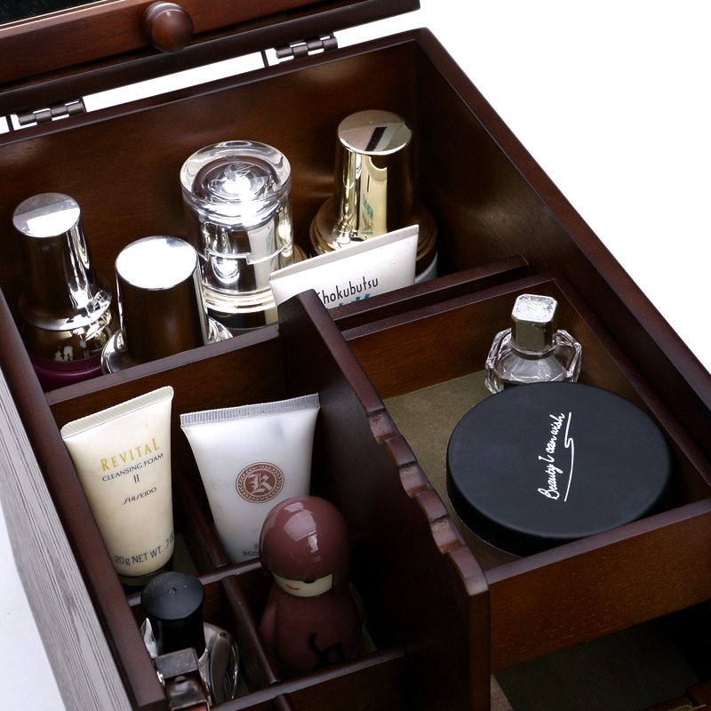 メイクボックス 鏡付き多段引き出し木製メイク収納ボックス