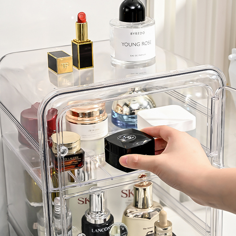 メイクボックス 三段式透明化粧品収納ボックス防塵扉付き