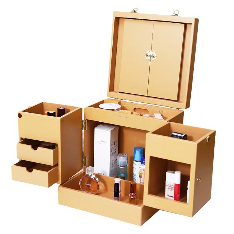 メイクボックス 三面鏡付き多段引出し木製化粧品収納箱