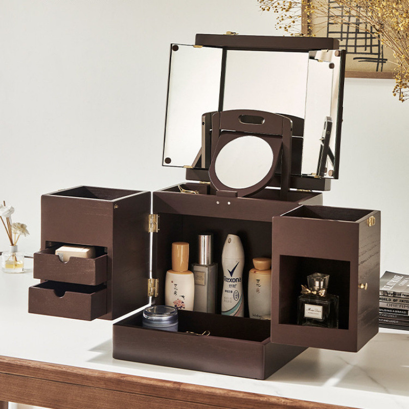 メイクボックス 三面鏡付き多段引出し木製化粧品収納箱