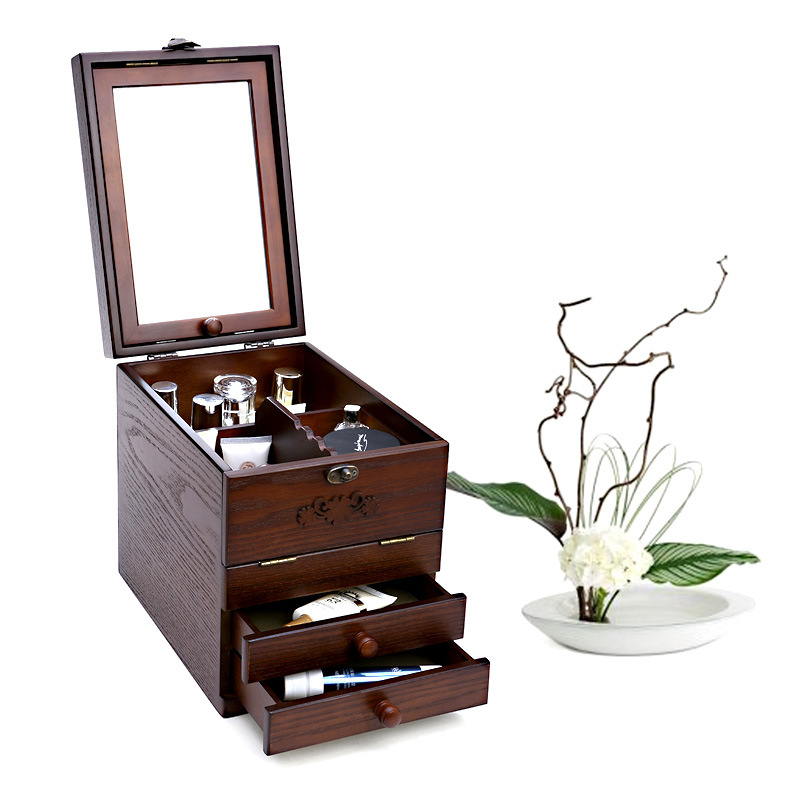 メイクボックス 鏡付き多段引き出し木製メイク収納ボックス