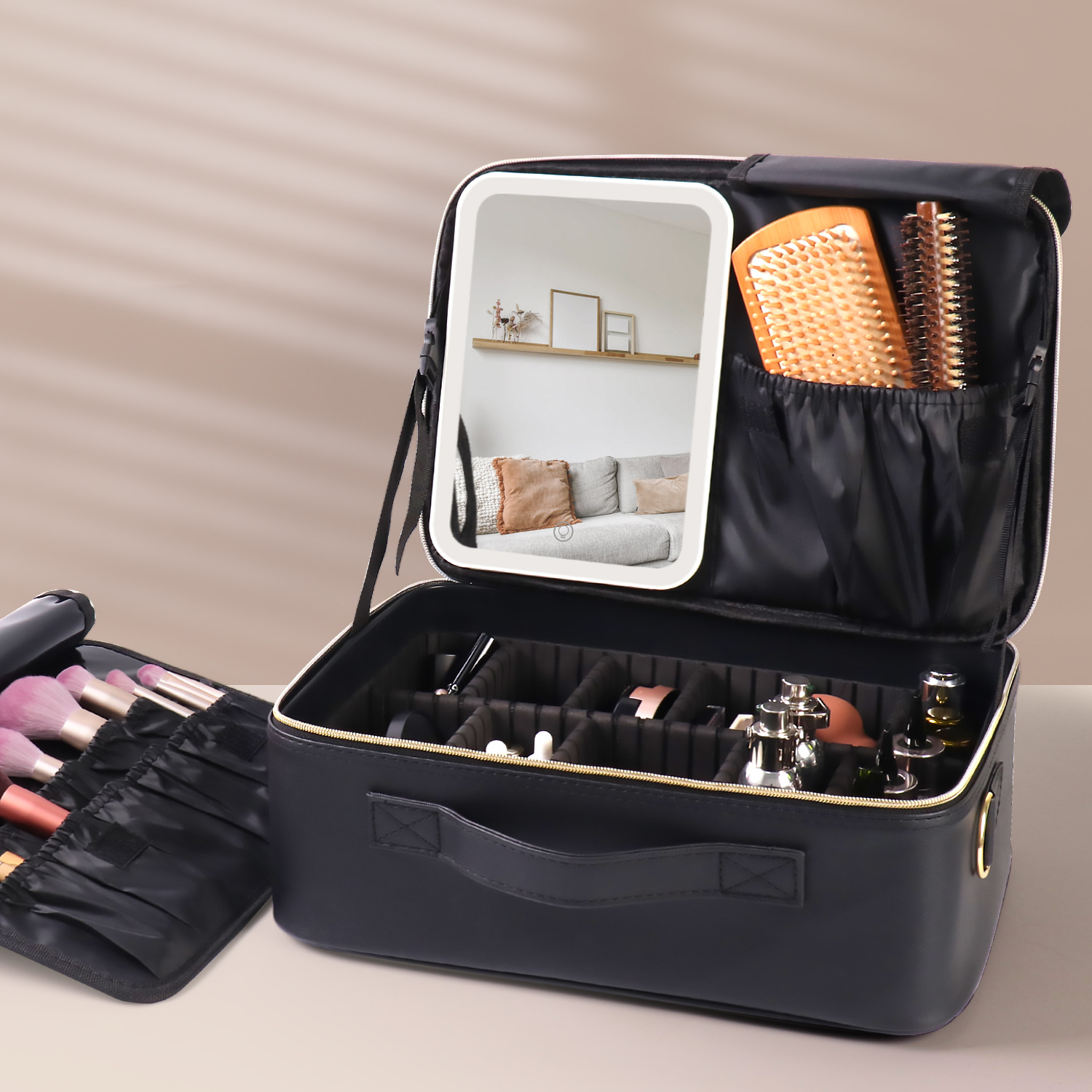 メイクボックス 発光ダイオード鏡付き大容量化粧品収納ケース