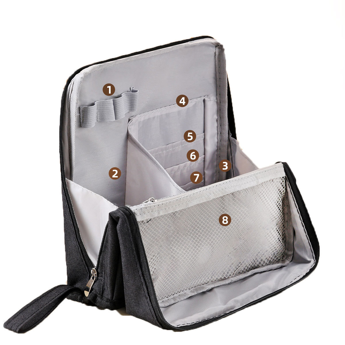 メイクボックス黒 多機能ポケット付き鏡面化粧収納ケース