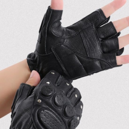 バイク　グローブ 本革製指切りバイクプロテクトグローブ