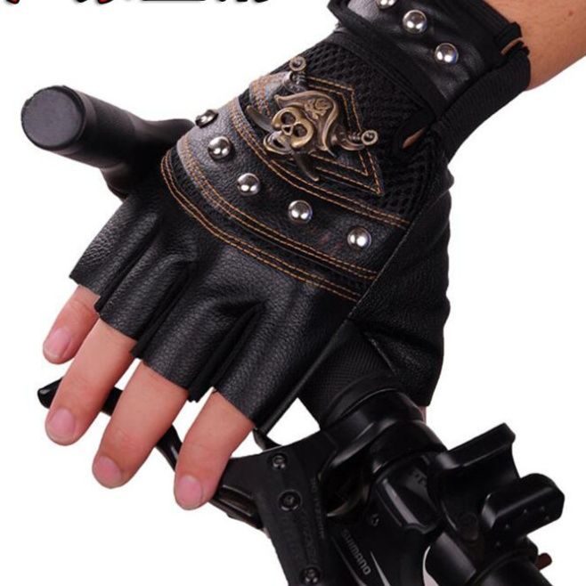 バイク　グローブ 髑髏装飾付き指切り　革製