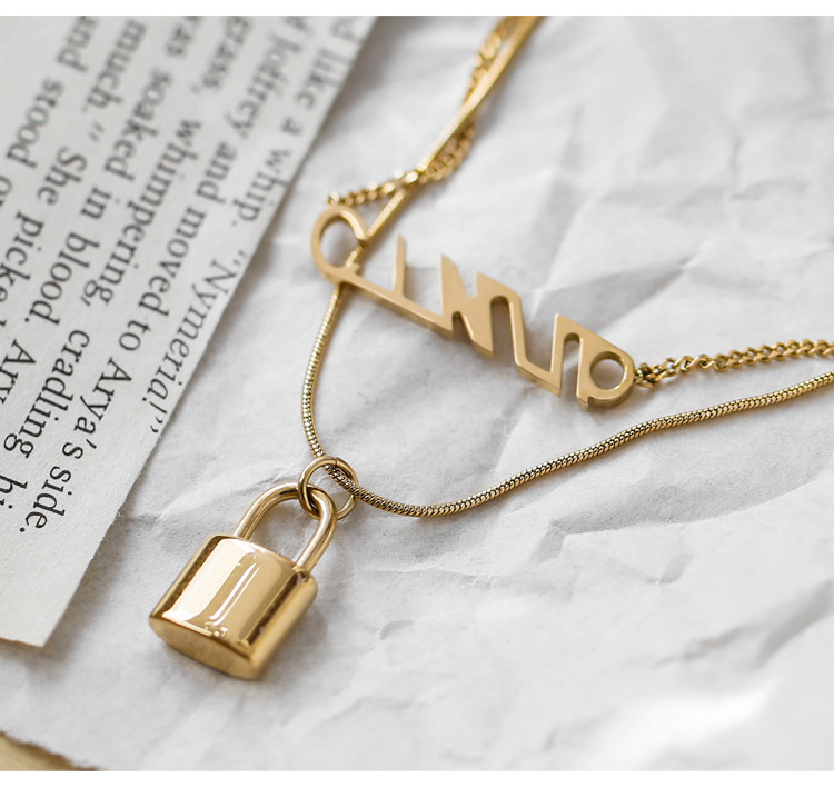 金 ネックレス 二連レイヤード南京錠モチーフ