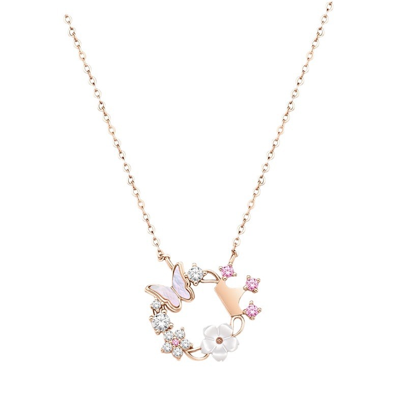 ゴールドネックレス 蝶と花の輪モチーフ優美ネックレス