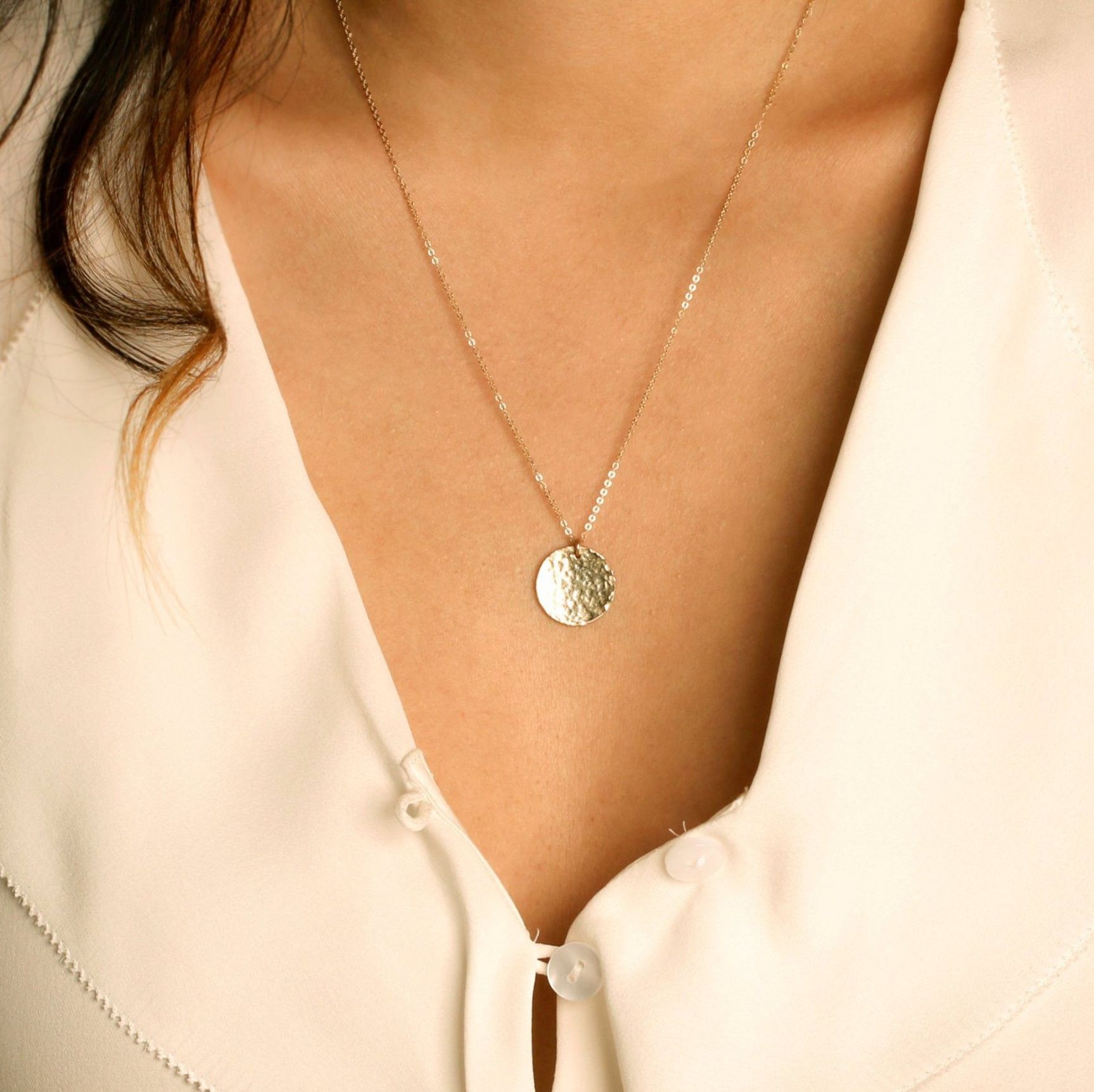 金 ネックレス 刻印対応 円形プレート ハンマー加工 金ネックレス