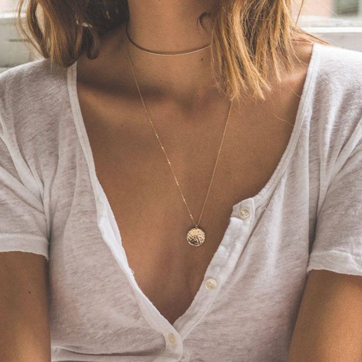 金 ネックレス 刻印対応 円形プレート ハンマー加工 金ネックレス