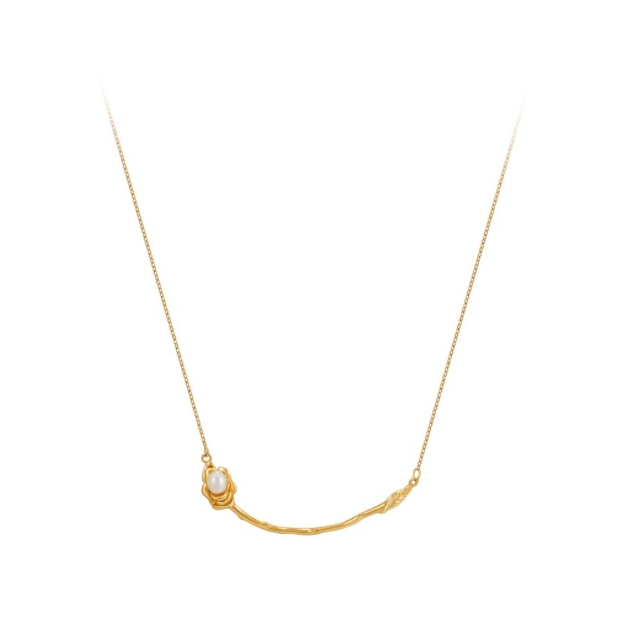 金 ネックレス 真珠付き曲線モチーフ金ネックレス