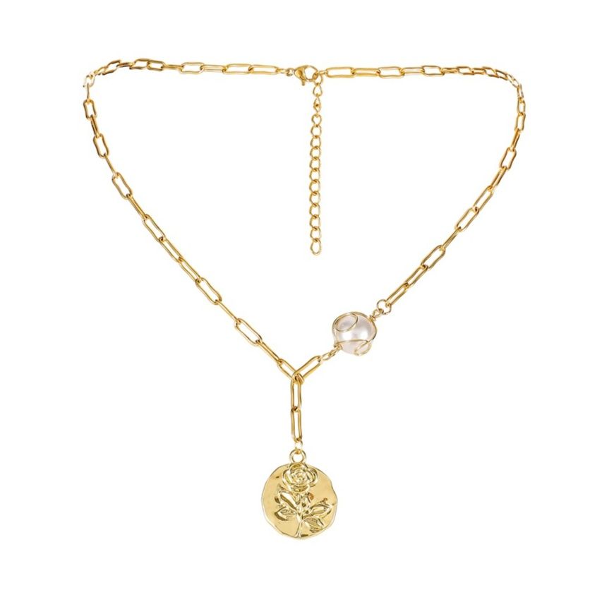 金 ネックレス 薔薇モチーフ真珠付きロングチェーンネックレス