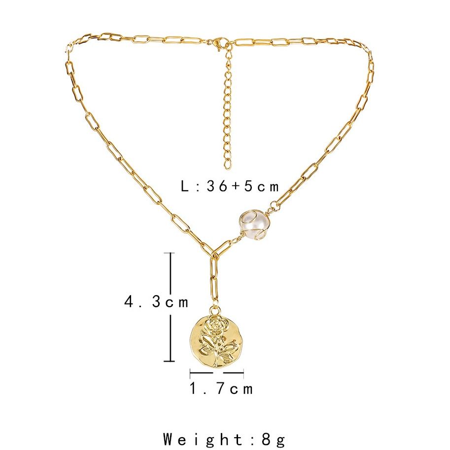 金 ネックレス 薔薇モチーフ真珠付きロングチェーンネックレス
