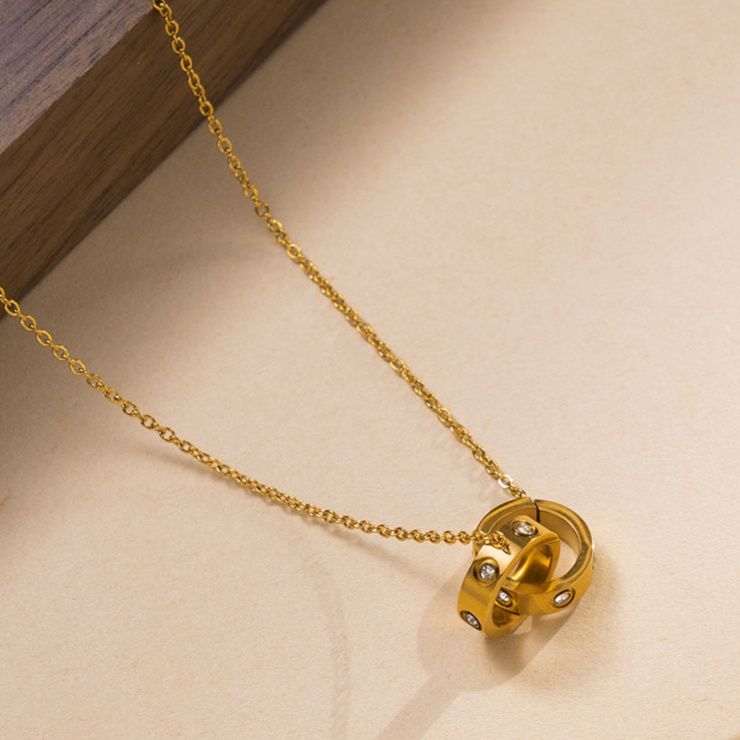 金 ネックレス 二重輪モチーフ輝石装飾ネックレス