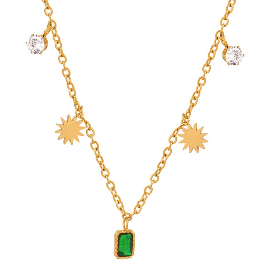 金 ネックレス 緑宝石と太陽モチーフの多重チャーム首飾り