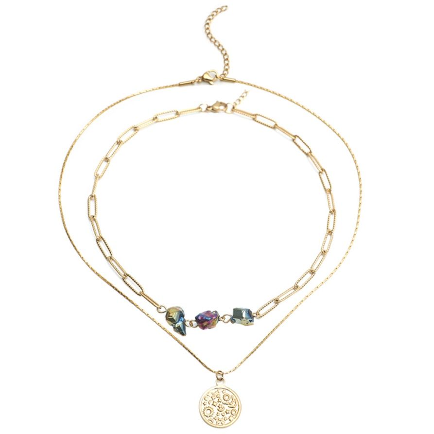 金 ネックレス 華やか二連装飾石付き円形チャーム付きネックレス