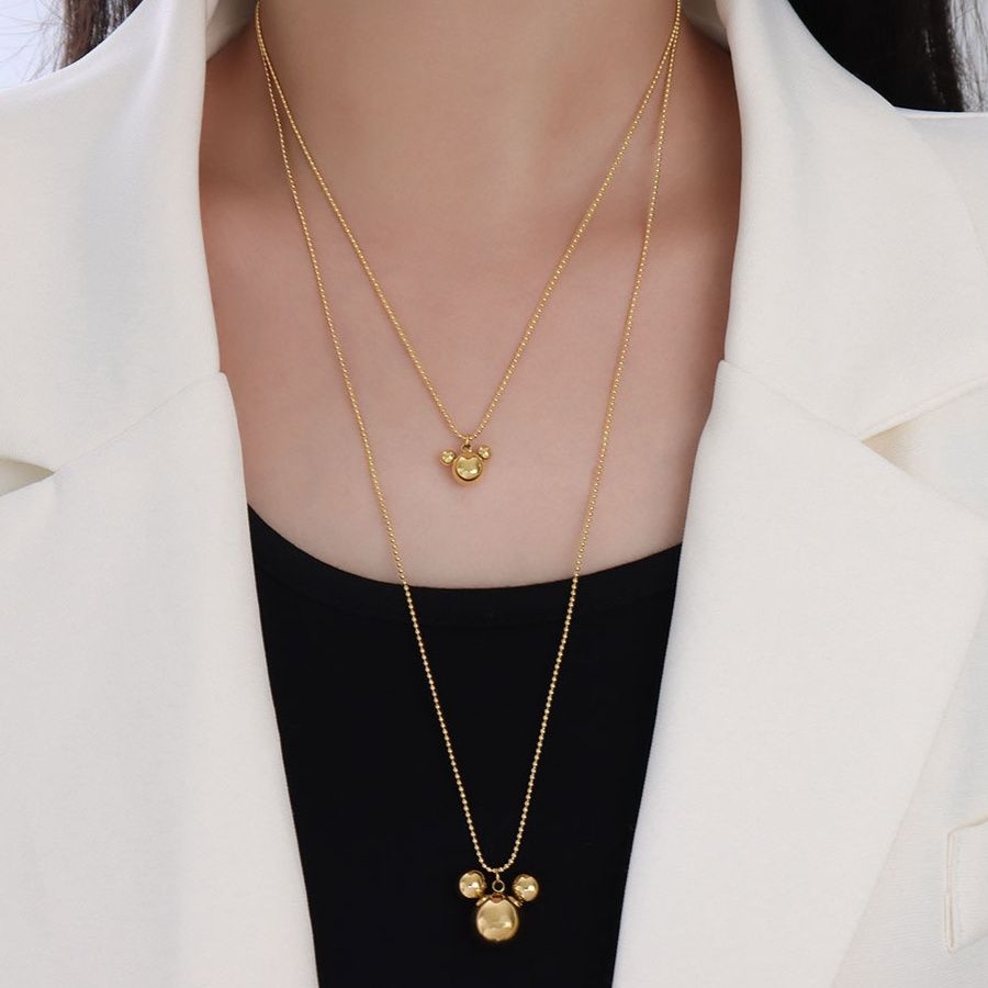 金 ネックレス 二重層重ね付け風丸型チャーム付きネックレス