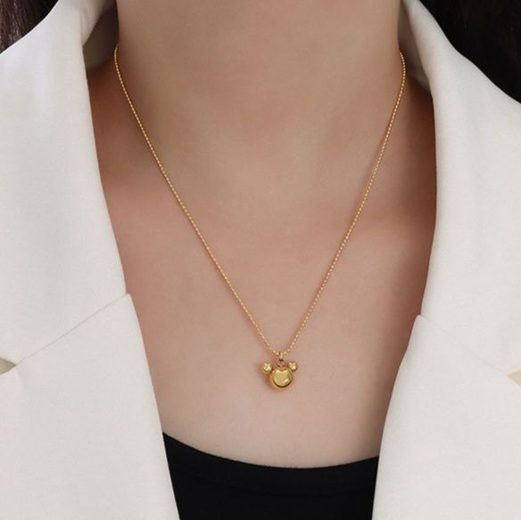 金 ネックレス 二重層重ね付け風丸型チャーム付きネックレス