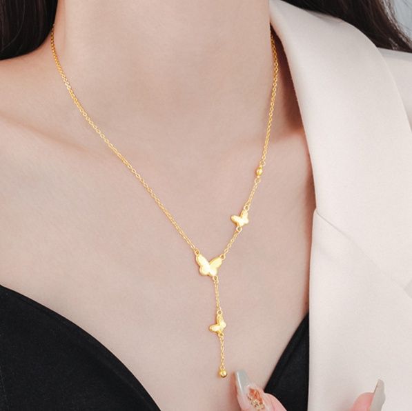 金 ネックレス 蝶々モチーフ縦長チェーンネックレス