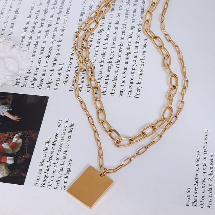 金 ネックレス 二連チェーン スクエアプレート付きネックレス