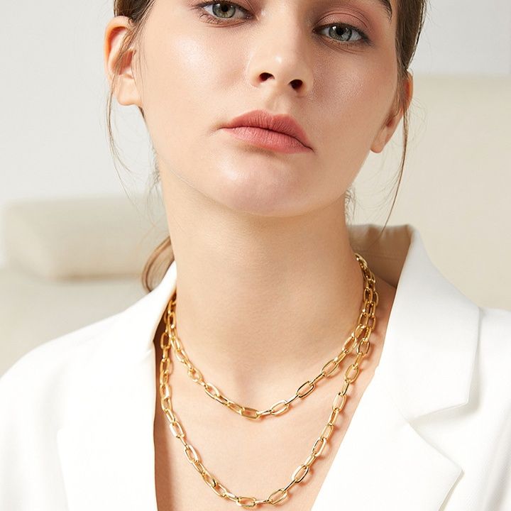 金 ネックレス 重ね付け楕円チェーン二連ネックレス