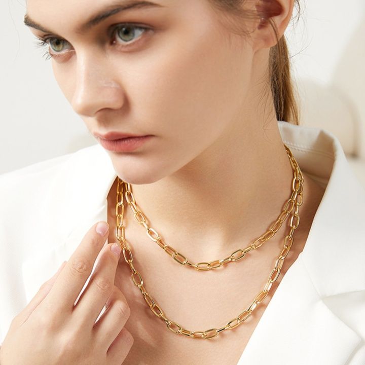 金 ネックレス 重ね付け楕円チェーン二連ネックレス