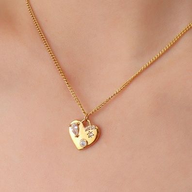 金 ネックレス 星型ハートモチーフ輝石装飾ネックレス