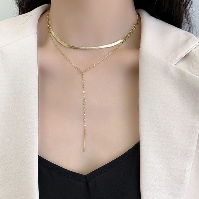 金 ネックレス 二連チェーン縦ライン棒付き重ね着け風ネックレス