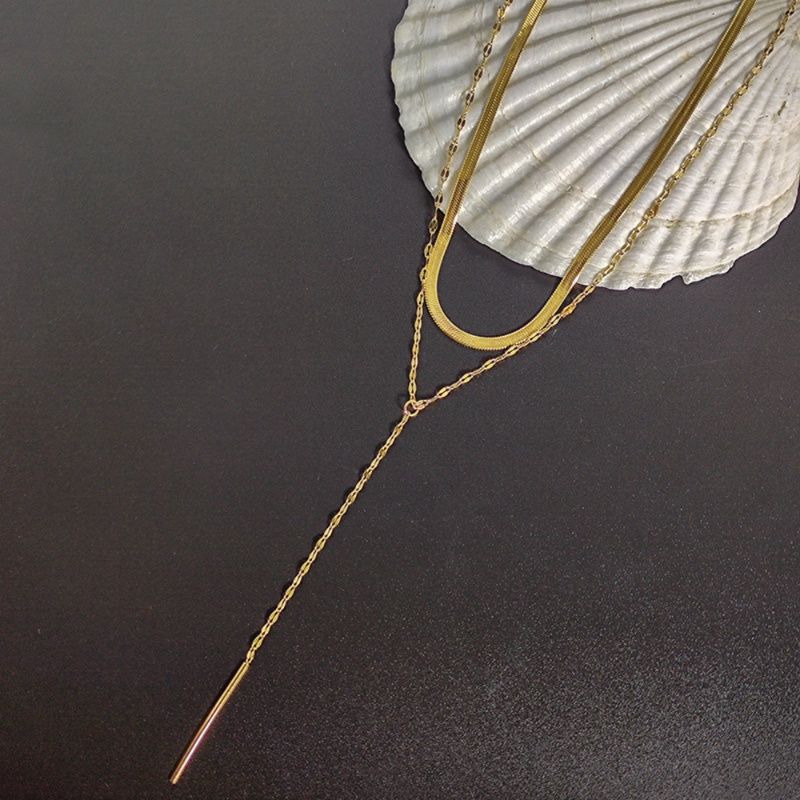 金 ネックレス 二連チェーン縦ライン棒付き重ね着け風ネックレス