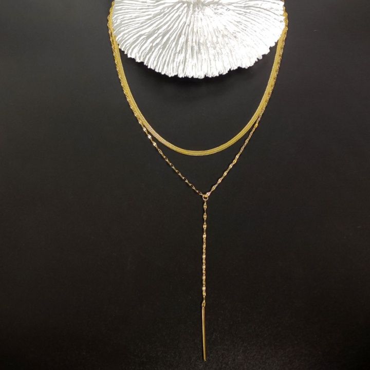 金 ネックレス 二連チェーン縦ライン棒付き重ね着け風ネックレス