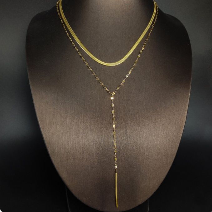 金 ネックレス 二連チェーン縦ライン棒付き重ね着け風ネックレス