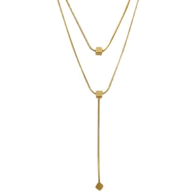 金 ネックレス 華奢な二連重ね付け風菱形モチーフネックレス