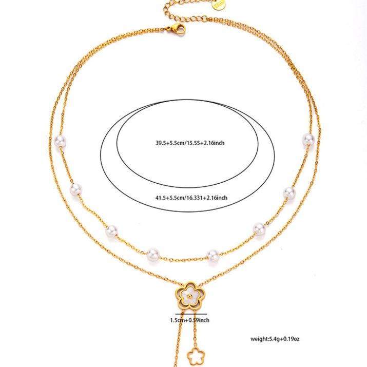 金 ネックレス 花モチーフと真珠の二連重ね付け風ネックレス