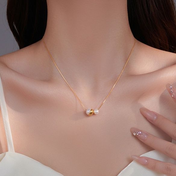 金 ネックレス ハートと真珠のデザイン華奢チェーンネックレス