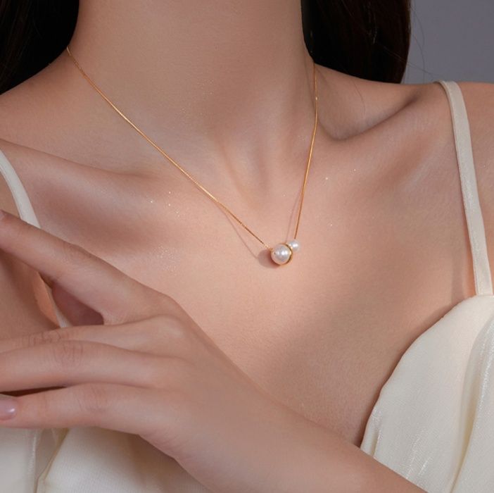 金 ネックレス ハートと真珠のデザイン華奢チェーンネックレス