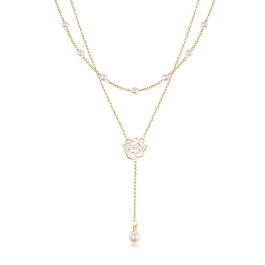 金 ネックレス 花モチーフ真珠付き二連レイヤード垂れ飾りネックレス