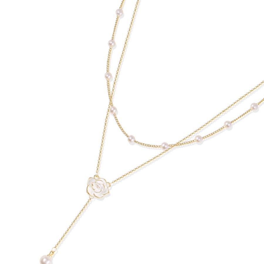 金 ネックレス 花モチーフ真珠付き二連レイヤード垂れ飾りネックレス