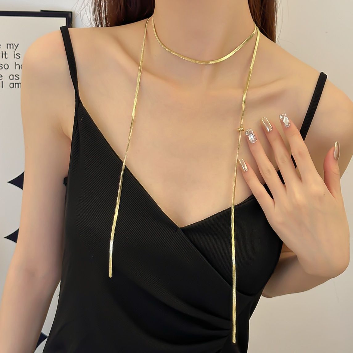 金 ネックレス 二連スネークチェーン調節可能ロングネックレス