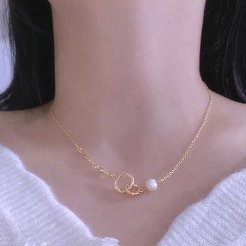 金 ネックレス ハート型モチーフと淡水パール付き金レディースネックレス