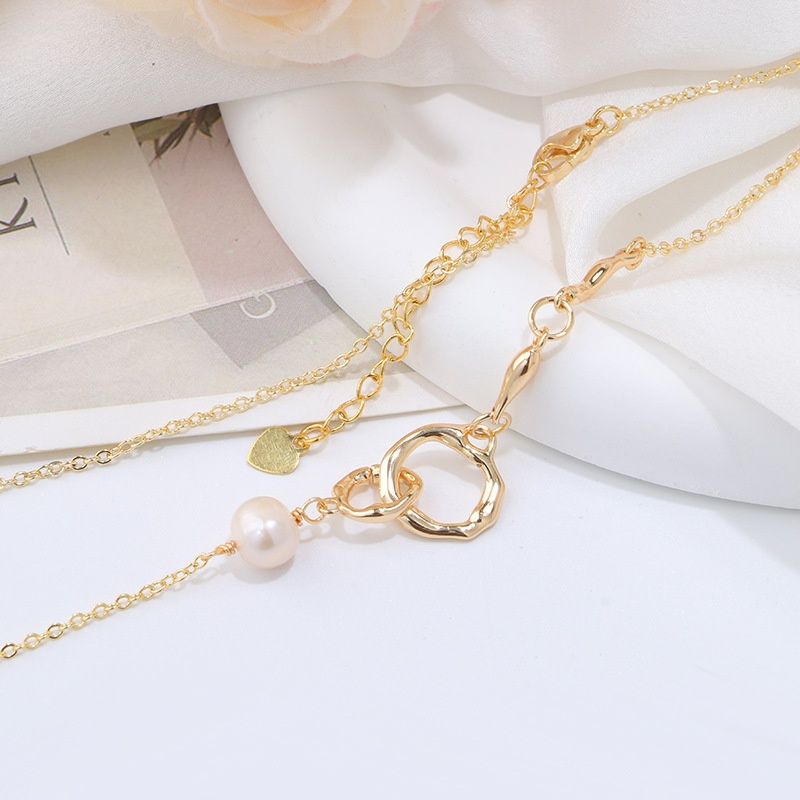 金 ネックレス ハート型モチーフと淡水パール付き金レディースネックレス