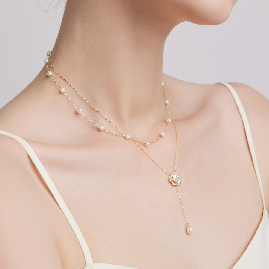 金 ネックレス 花モチーフ真珠付き二連レイヤード垂れ飾りネックレス