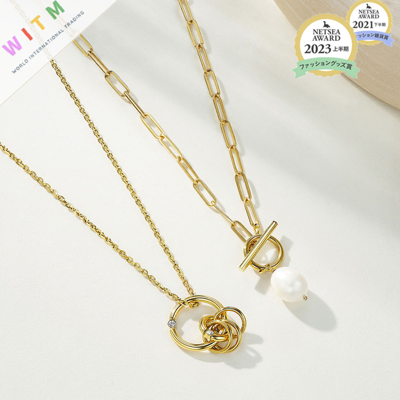 金 ネックレス 金色チェーン パール付き重ね着風ネックレス