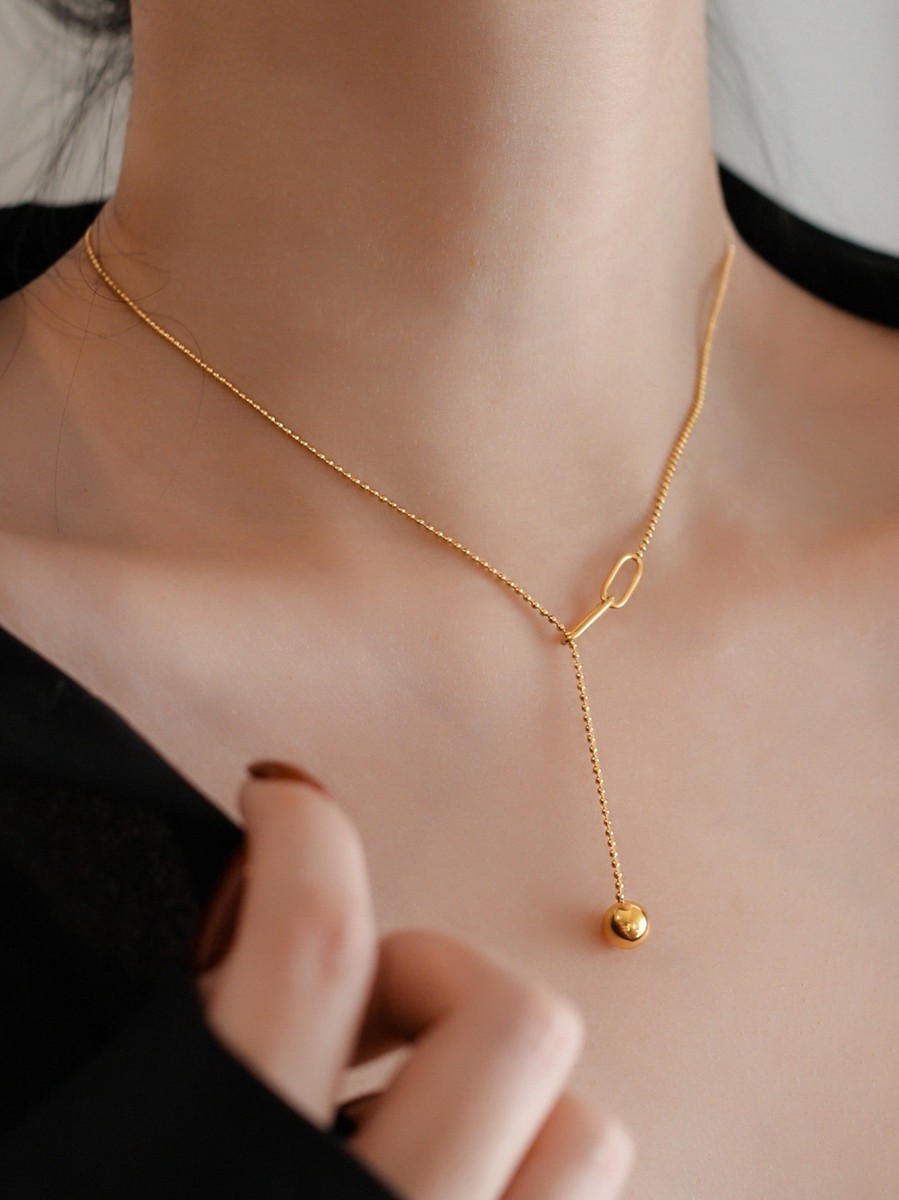 金 ネックレス 楕円モチーフ球玉ドロップ調節可能ネックレス