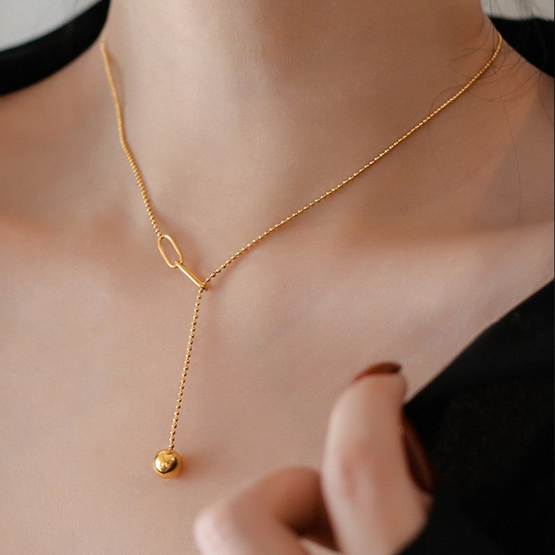 金 ネックレス 楕円モチーフ球体チャーム調節可能ネックレス