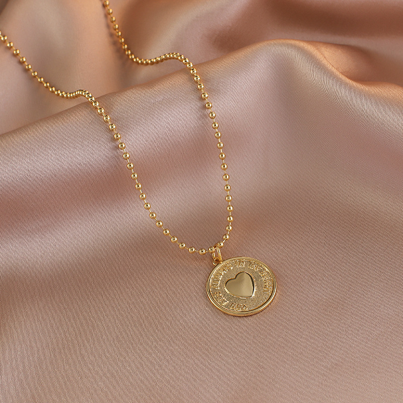 金 ネックレス レディースハート円形プレート付きボールチェーンネックレス