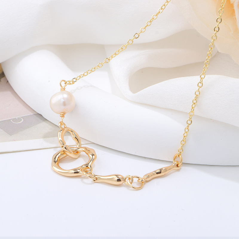 金 ネックレス ハート型モチーフと淡水パール付き金レディースネックレス